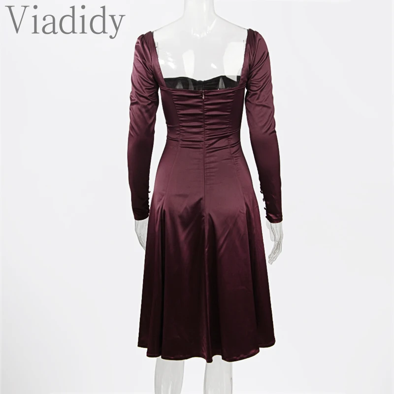 

Women Sexy Square Neck Puff Sleeve High Waist Open Back Side Slit Satin Midi Dress