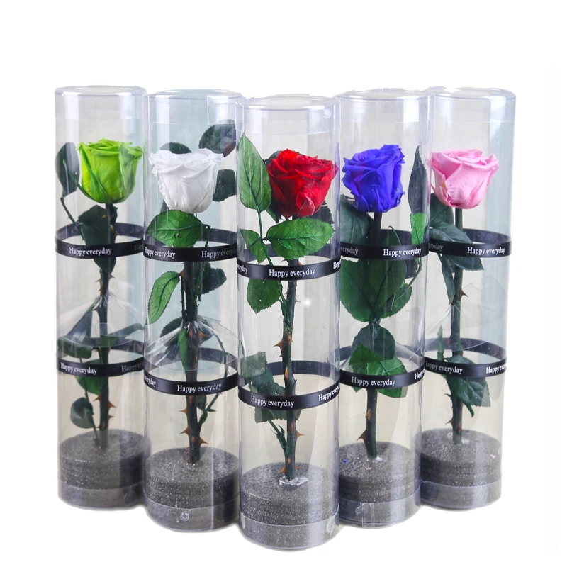 

Mother day Present Single Real Stabilized Preserved Roses With Long Stem In Round PVC Box For Valentine Gift