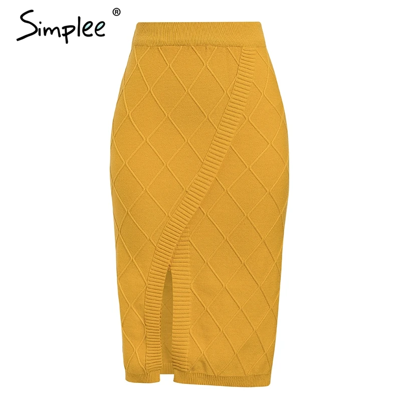 Simplee Cплит Элегантный трикотажные юбкa с высокой талией женщин тонкий плед