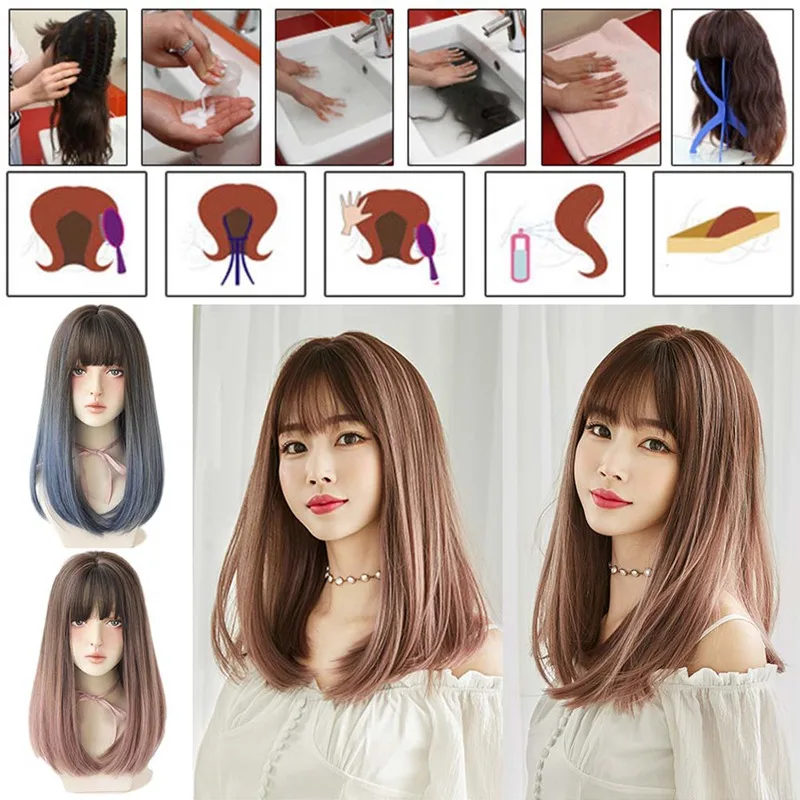 

Long Straight With Bangs Synthetic Wigs For Women Blue Brown Heat Resistant Fiber Hair