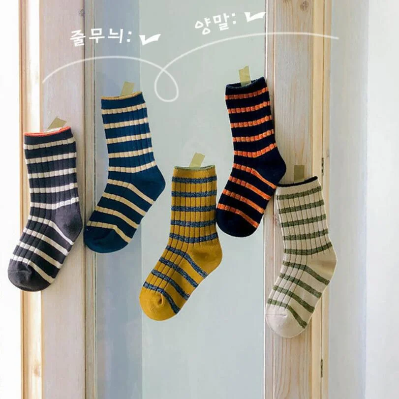 

5 Pairs Kids Socks Korean Retro Style Cotton Striped Autumn Winter Baby Boys Girls Socks for 1-8 Years Children