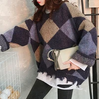 2021 fashion argyle knitted sweaters women casual pullover patchwork loose jumper womensweater oversized long sleeve pull femme