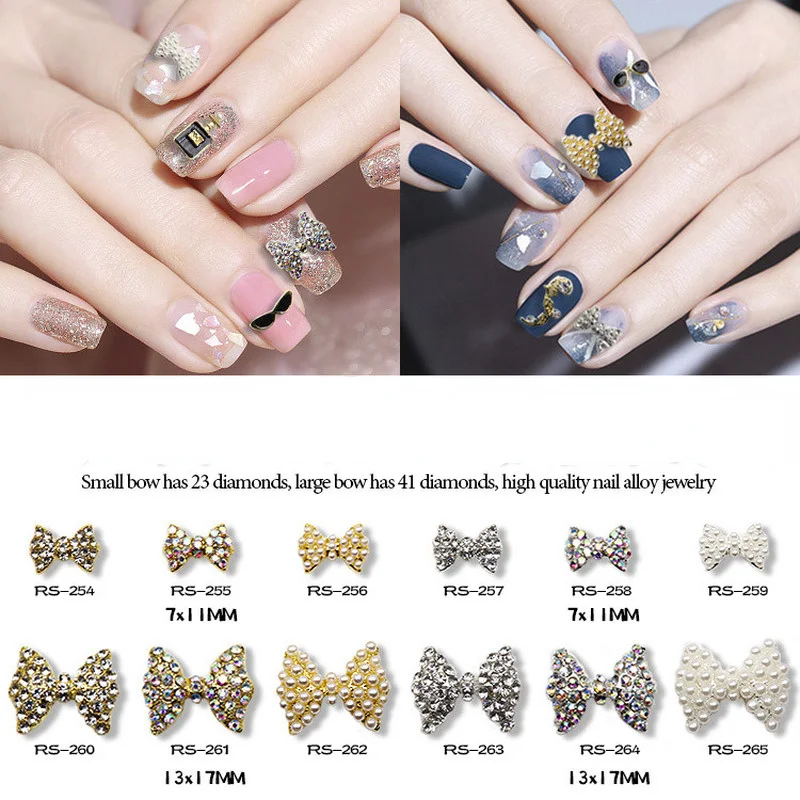 

10 шт./лот 3D Подвески для ногтей блестящие белые AB Стразы 7x11 мм большого размера галстуки-бабочки из сплава украшения для ногтевого дизайна DIY...