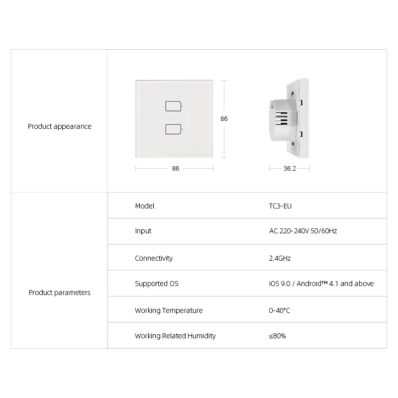 

2021 Broadlink TC3 1/2/3 Gang-EU Standard Light Switch Modern Design White Touch Panel Wifi Wireless Smart Control Via S3 Hub