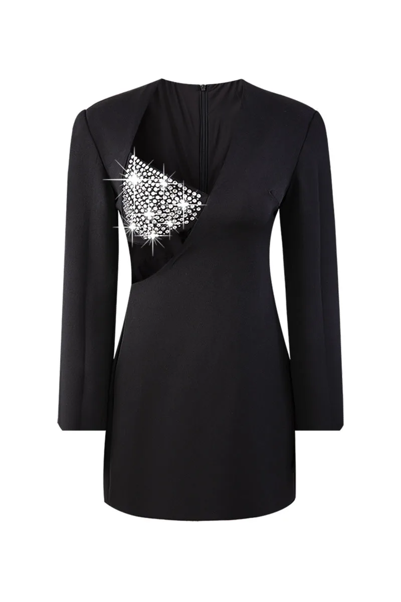 

DEAT 2021 New Autumn Winter Fashion Casual Crystal Decoration Crepe Long Sleeve Black Slim Bag Hip Temperament Mini Dress SL335