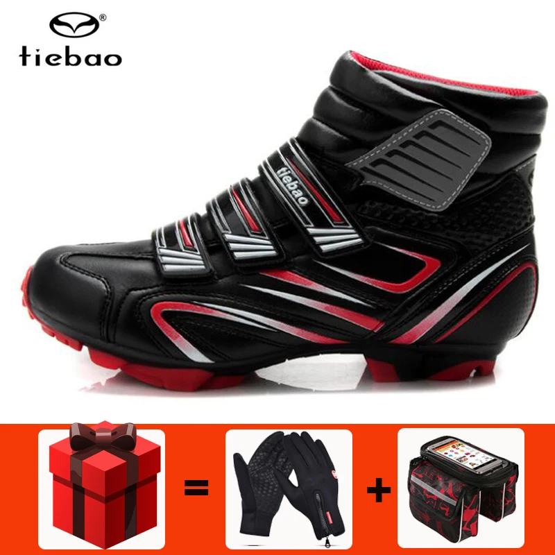 add gloves and bag TIEBAO Winter MTB Cycling Shoes add SPD Pedal cleat set Pro Men sneakers women Mountain Bike Self-Locking Riding Bicycle Shoes - Цвет: add gloves and bag