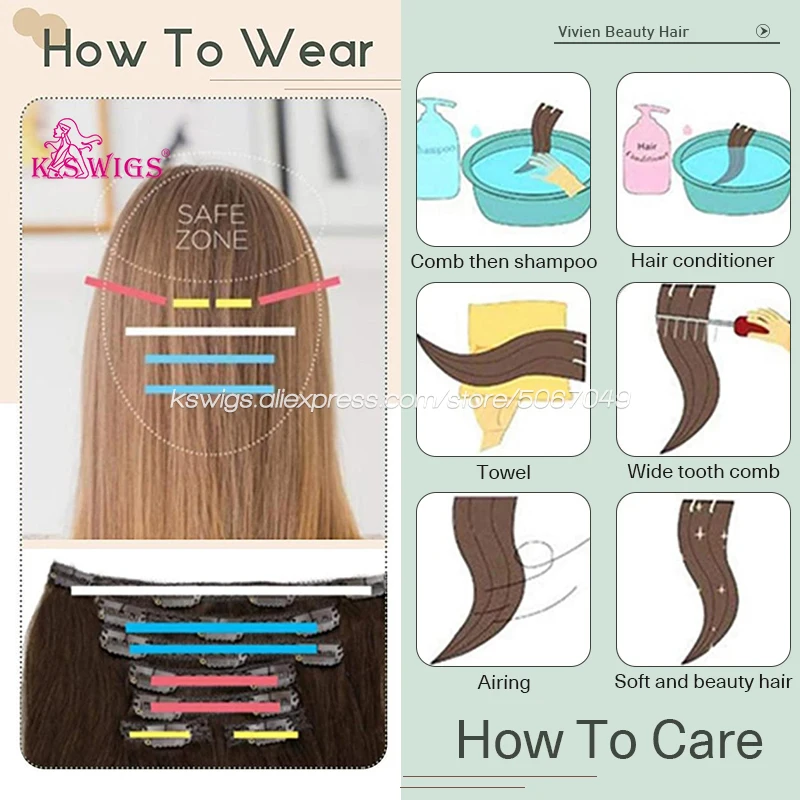 

K.S WIGS 16''-24'' Clip In Human Hair Extensions Balayage Ombre Blonde Black Natural Hairpiece Clips On Machine Remy 7pcs/set