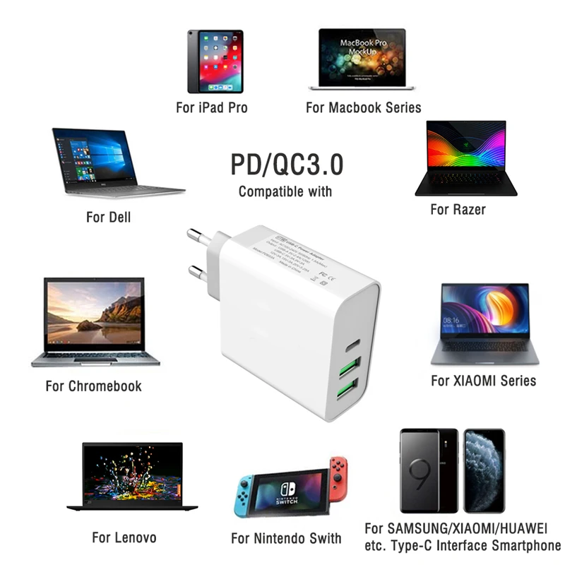 

65W Type C PD Fast Charging Adapter For MacBook Air iPad Pro HP Laptop USB Quick Charger For SAMSUNG S9+ S8 QC2.0 3.0 AFC E-mark