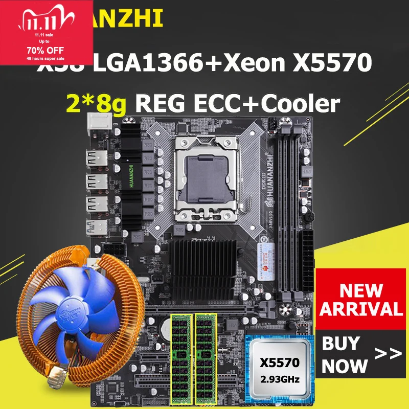 HUANANZHI-placa base X58, CPU RAM Combo LGA1366, enchufe CPU Xeon X5570 con refrigerador de gran marca, 16G RAM (2*8G) REG ECC, compra ordenador
