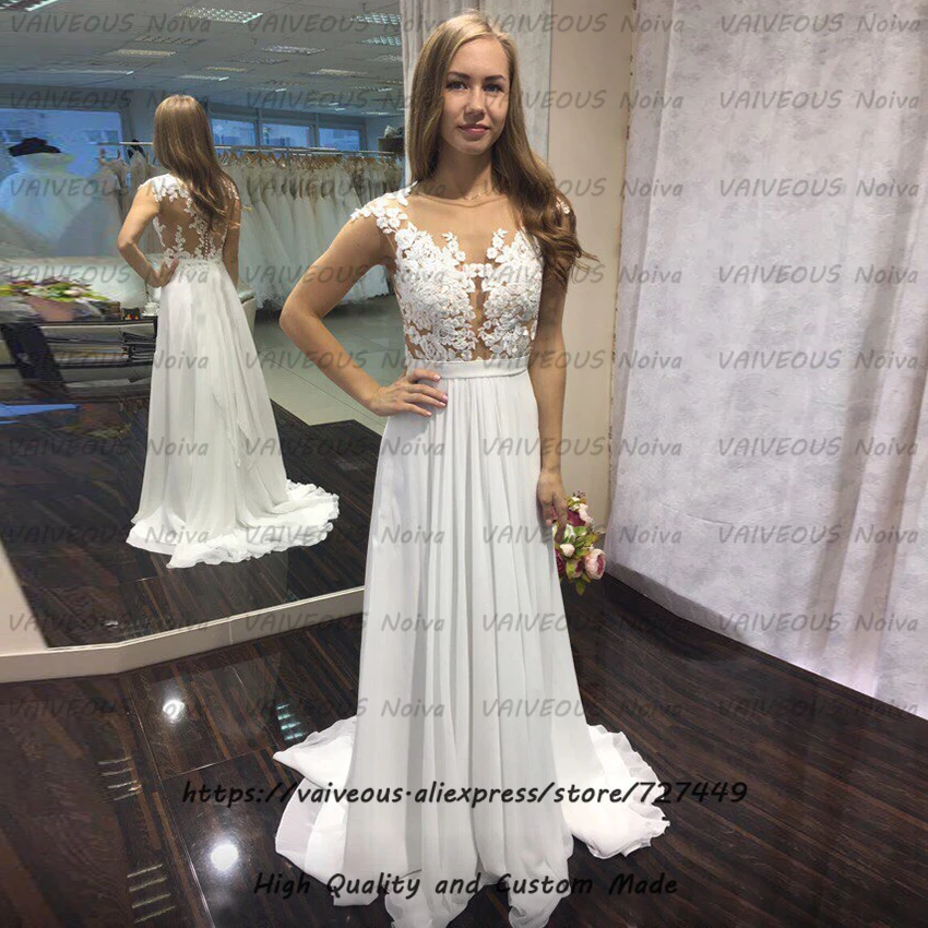 Vestido noiva praia прозрачный сзади аппликации шифоновое свадебное платье сексуальное