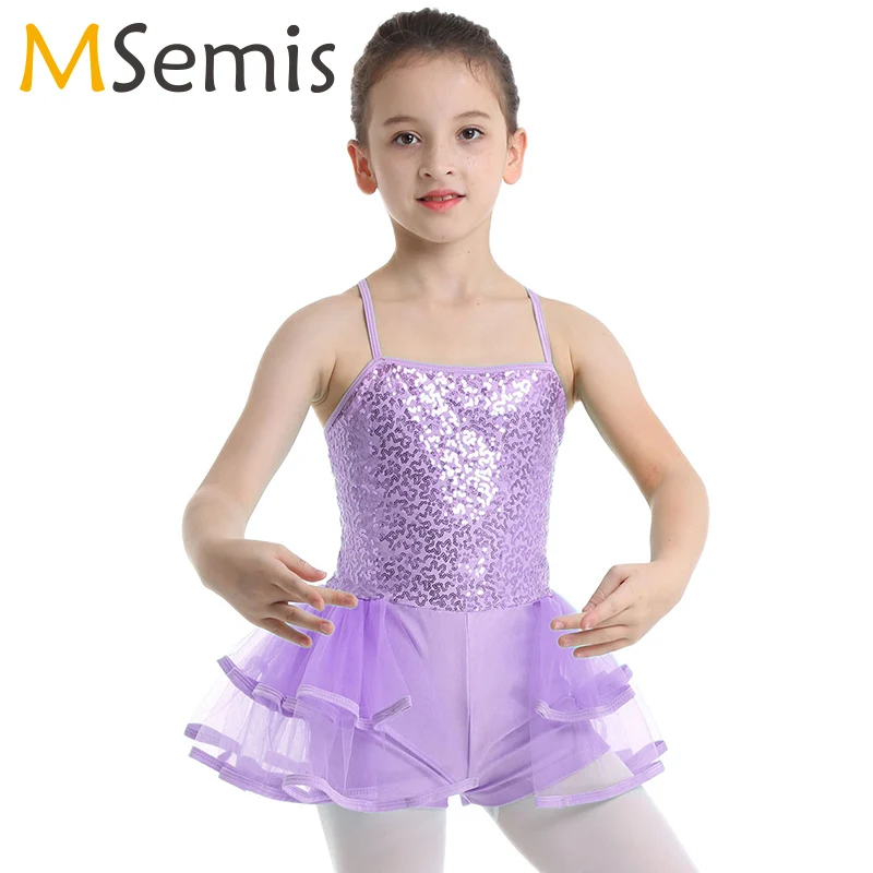 Детское балетное платье для девочек на тонких бретельках Блестящее Многоярусное