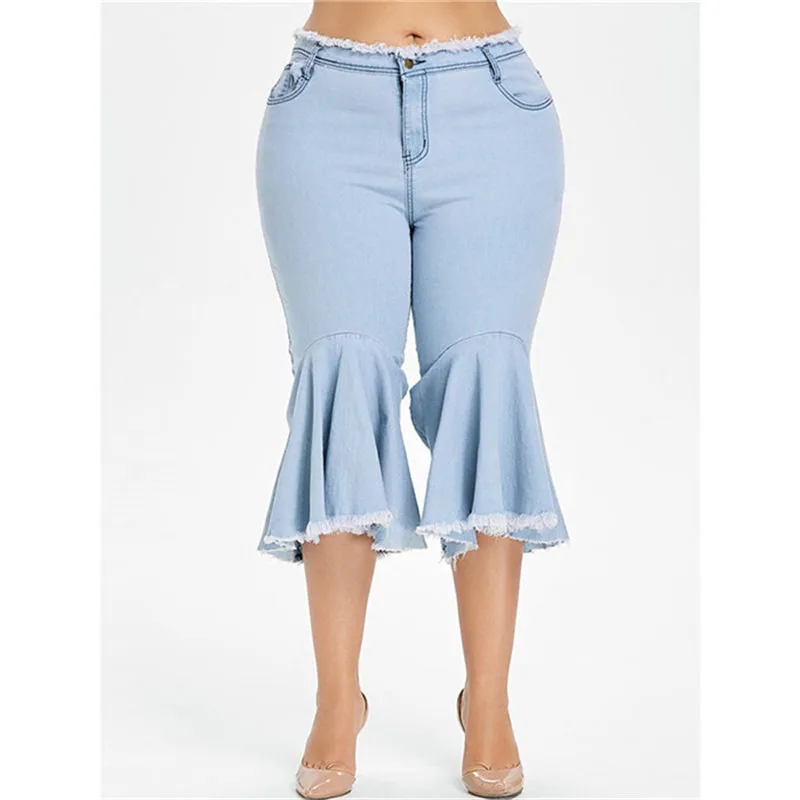 Большие размеры 5XL джинсы женская юбка с оборками завышенной талией брюки