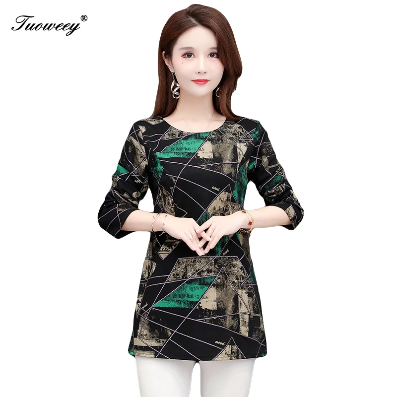 

Autumn Winter Basic Shirts Blouses Women Fashion Slim Elegant Office Lady O Neck Printed Vintage Tunic Top Long 4XL 3XL