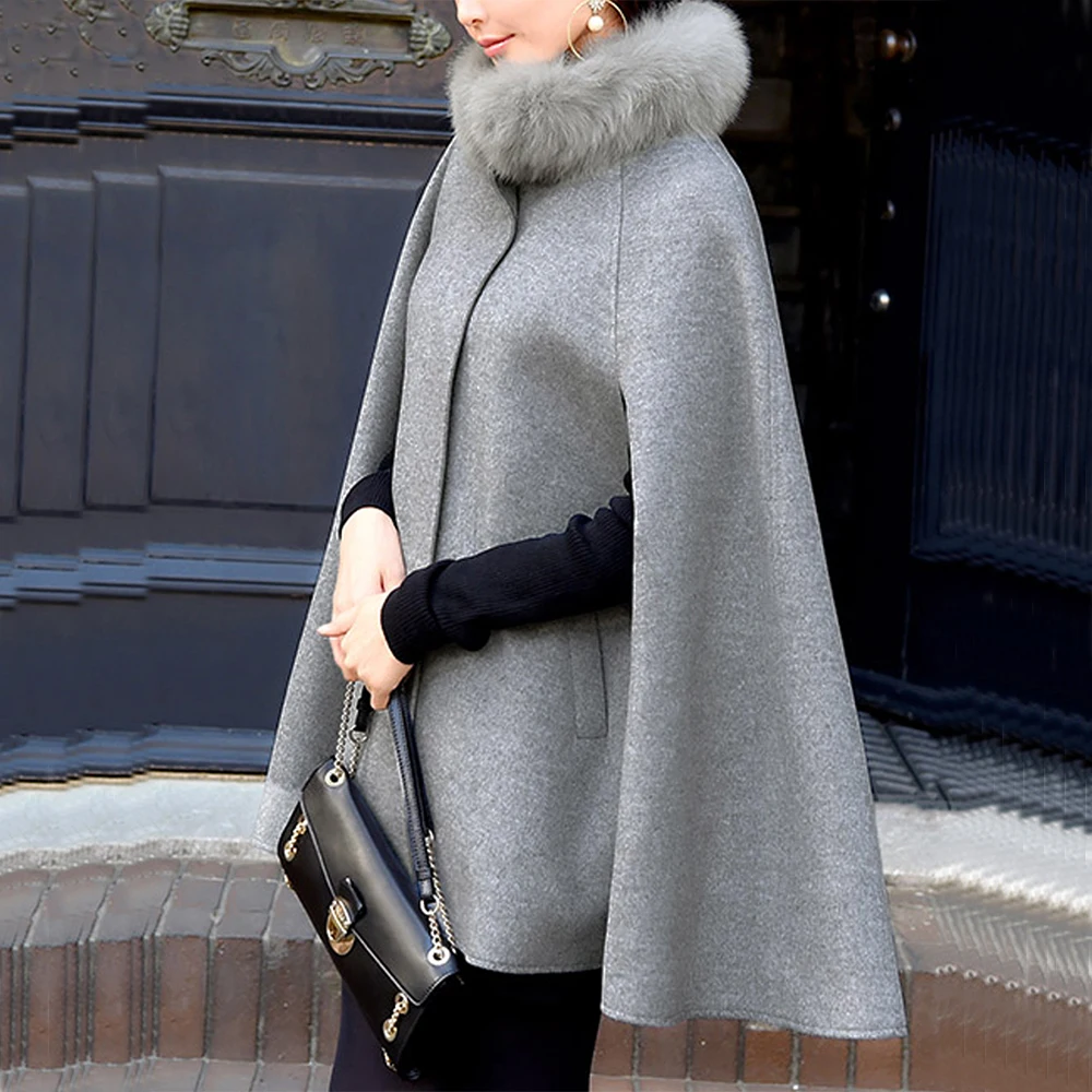 

Women Casual Capes 2020 Vintage Office Lady Button Plain Winter Female Elegant Fashion Overcoats Faux Fur Neck Stylish Coats