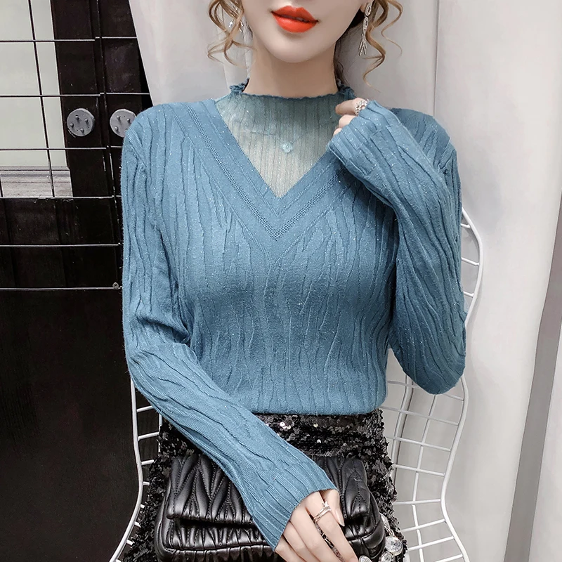 

Женский свитер с длинным рукавом, элегантный джемпер в Корейском стиле с воротником «хомут», яркий Шелковый вязаный пуловер, сетчатый плотн...