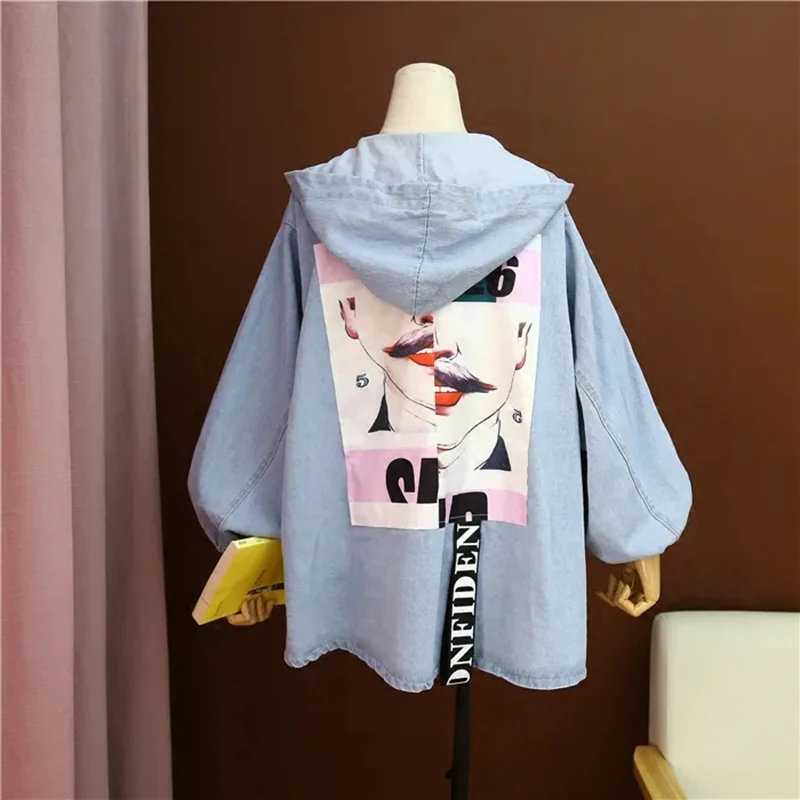 Размера плюс женское джинсовое пальто с капюшоном и свободные печатание патч