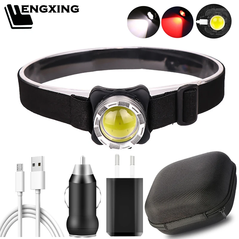 

Powerful COB LED Headlamp White Red Lighting Built-in Battery USB Rechargeable Headlight Head Waterproof Aluminum Cycling Lamp