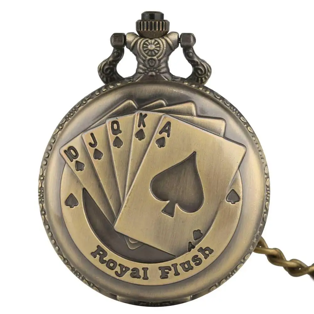 Винтаж Ретро Бронзовая Royal Flush кварц Подвеска Брелок карманные часы с Цепочки и ожерелья цепь подарок Лидер продаж часы для Для мужчин Для женщин - Цвет: Rough chain