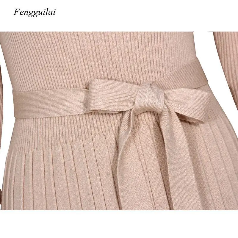 

Woman New Autumn Dress Fashion Elegant Solid Color Casual Female Stripe Ruffles Long Sleeve Knitting Knee-Length Sweater Dresses