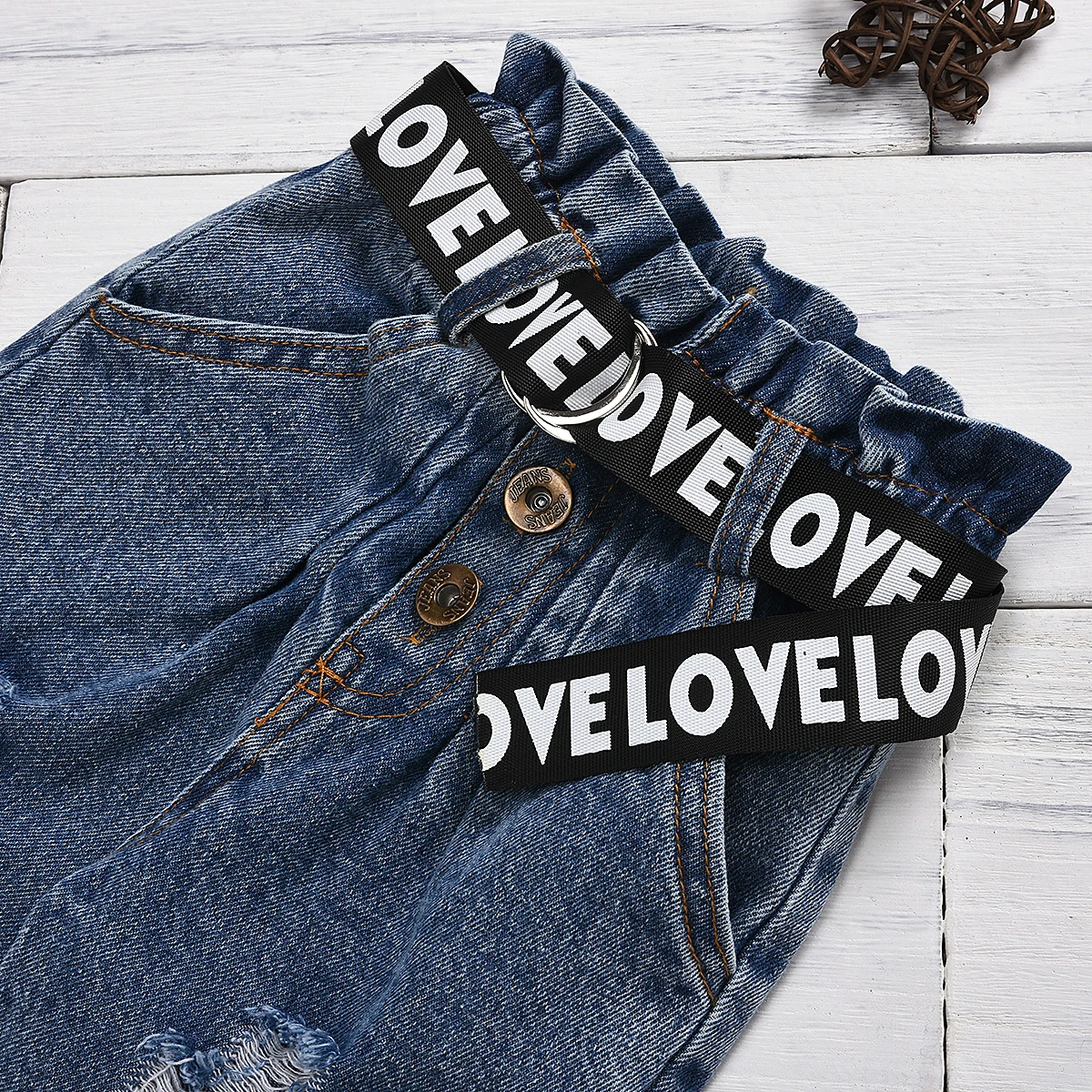

Unisex 3 PCS Summer Outfits Short Sleeve Letter Ptinted T-Shirt Ripped Denim Elastic Waist Jeans with Belt for 1-6Y Boys Girls