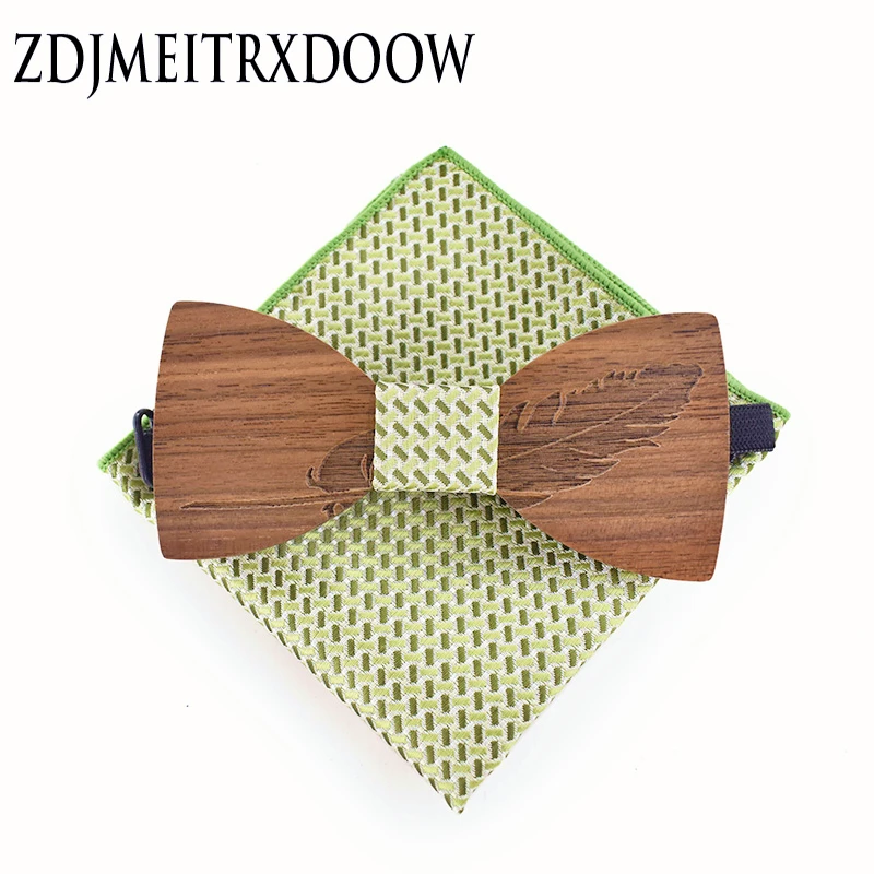 New 2018 design Classic feather noble Wood Bow Ties for Mens Wedding Suits Wooden Bow Tie Pocket Square Butterfly Shape Set images - 6