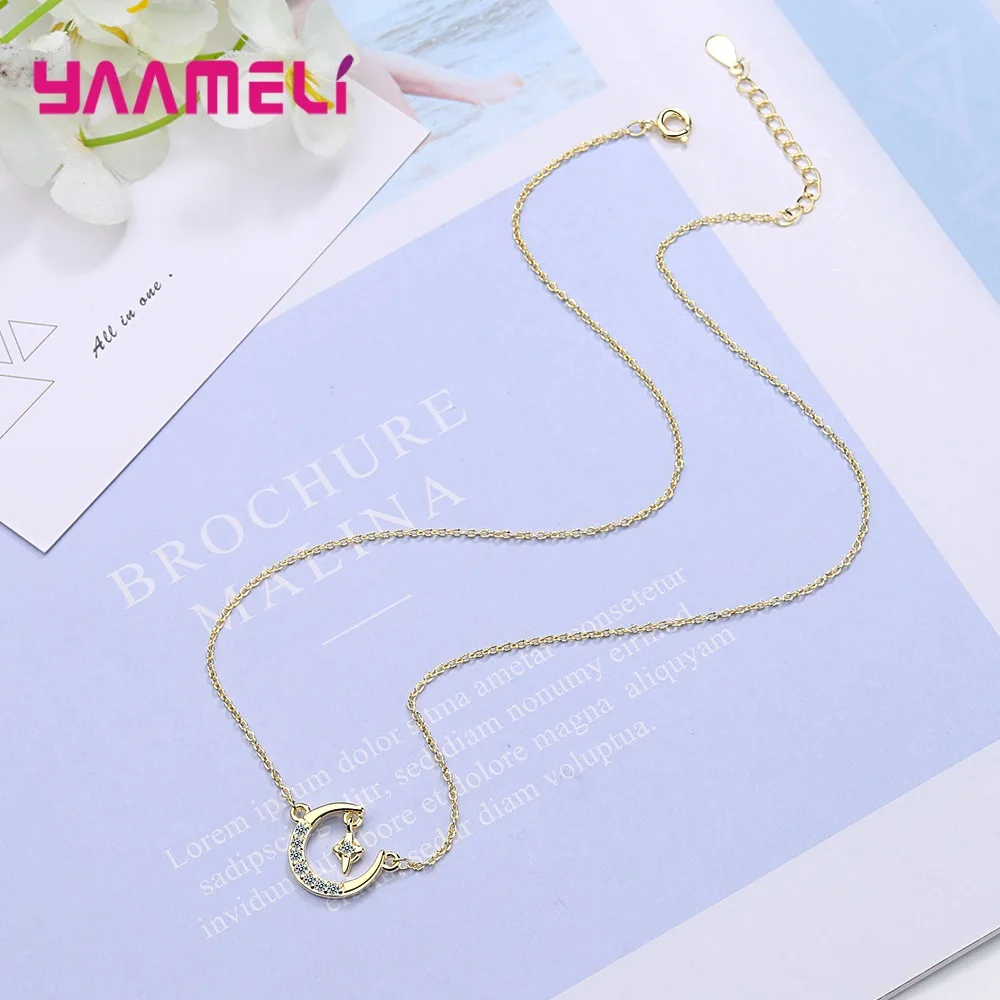 925 Sterling Silver Korean Simple Moon Star Pendant Necklace Charm Women Choker Jewelry Trendy Elegant Wedding Accessories | Украшения и