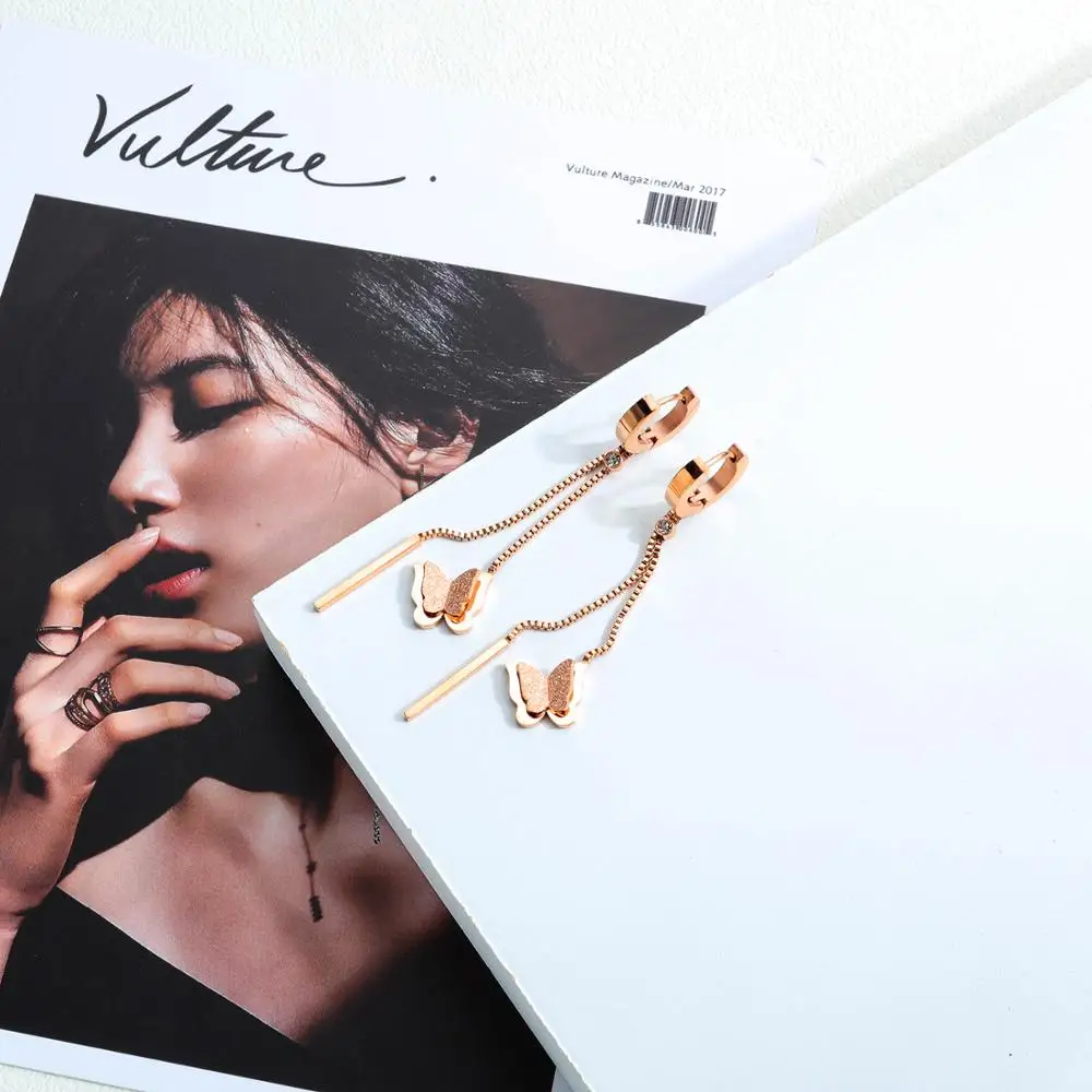 Женские серьги-кольца с бабочкой EyeYoYo длинные цепочки из нержавеющей стали