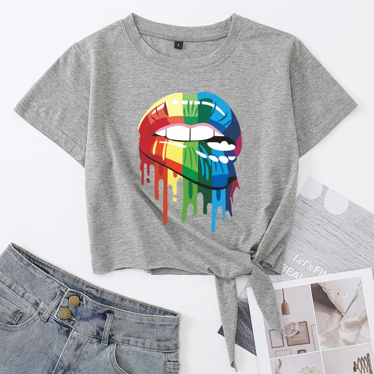 

Rainbow Lips Lip Drip Knotted Crop Top Shirt Women T-Shirt Summer Short Sleeve Cotton Cropped Tops Graphic Tee Front Tie Knot