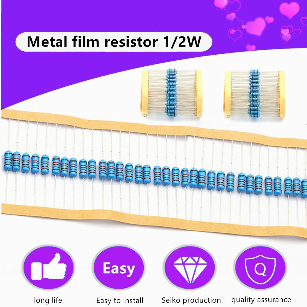 

Taping 50Pcs/lot 1/2W Metal Film Resistor 5 Color Ring 1% 1R~2.2M 1K 10K 100R 220R Full Ohm Resistance High Precision Resistors