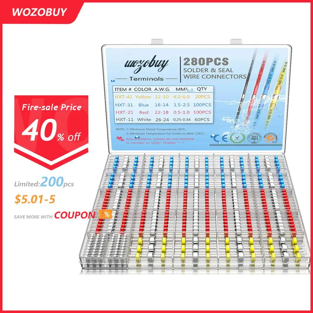 

280PCS Solder Seal Wire Connectors,Heat Shrink Solder Butt Connector Waterproof Insulated Electrical Wire Terminals Butt Splice