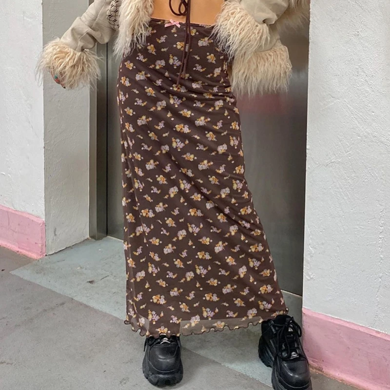 

Retro Floral Print Midi Skirt Elegant Lady Fairycore Grunge Brown High Waist Ruffles Long Staight Skirt Vintage Streetwear Women