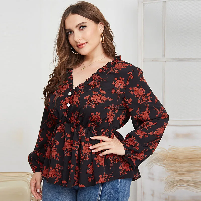 

Plus Size V Neck Buttons Long Sleeve Floral Print Female Top 2021 Summer New Casual Fashion Sexy Ladies Temperament Blouse