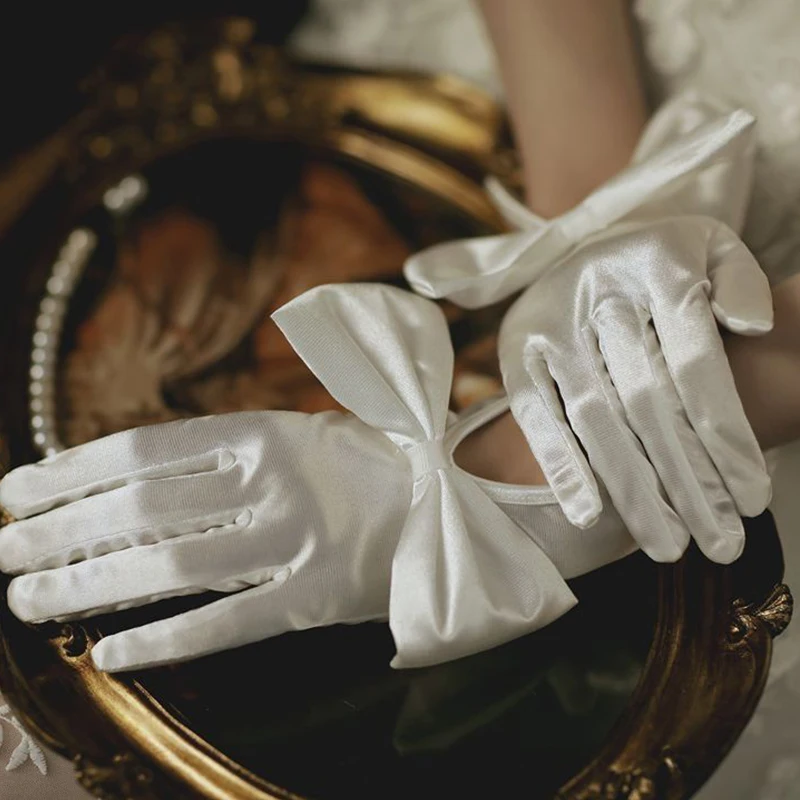 

Women Short Full Fingers Bow Wrist Elegant White Ivory Satin Bridal Wedding Gloves Wedding Accessories Prom Party Dancing