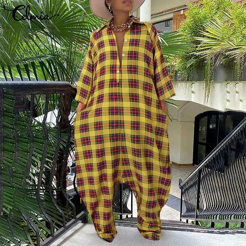 

Celmia 2021 Fashion Plaid Jumpsuit Women 3/4 Sleeve Street Long Rompers Casual Drop-crotch Harem Pants Buttons Oversized Overall