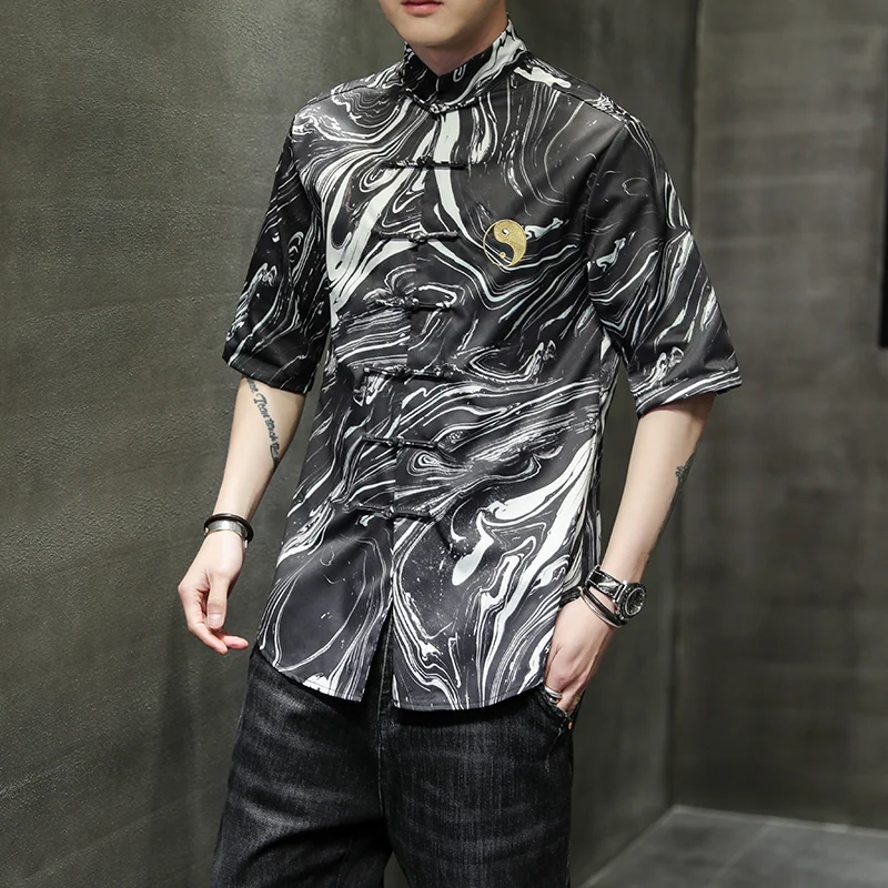 Men Cheongsam Tops Tang Suit Traditional Chinese Style Hanfu Loose Blouse Kung Fu Uniform Shirt China Frog Button Summer Clothes