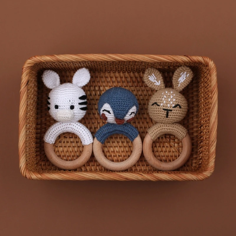 

1Pc Baby Rattle Crochet Animal Baby Teether Wooden Ring Handmade Toy BPA Free Wood Teething Bracelet Nurse Gift Baby Product