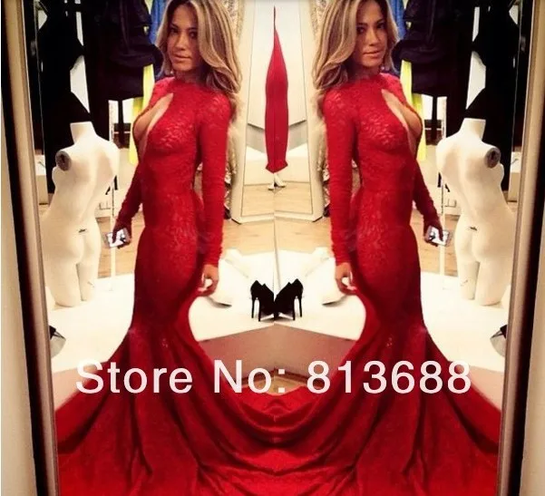 

free shipping robe de soiree 2016 new hot&sexy vestidos de festa highneck red long sleeve party gown lace mermaid evenng dress