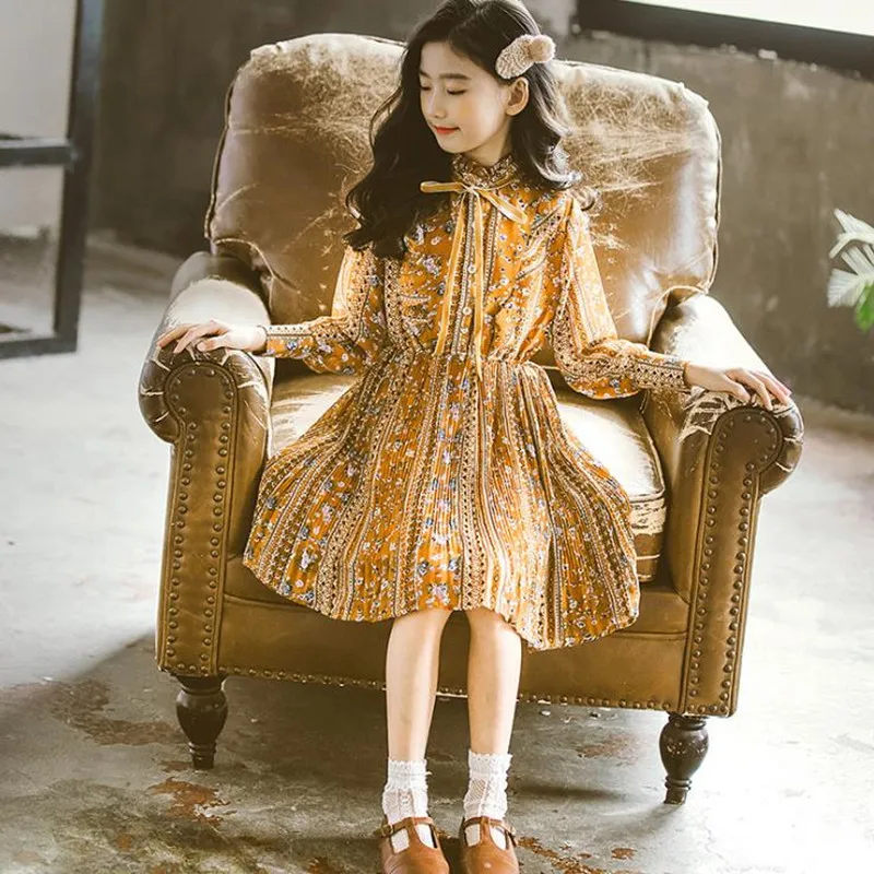 

DFXD весеннее Модное шифоновое плиссированное платье для девочек-подростков, Детские Цветочные платья для детской одежды, платья, костюм для девочек