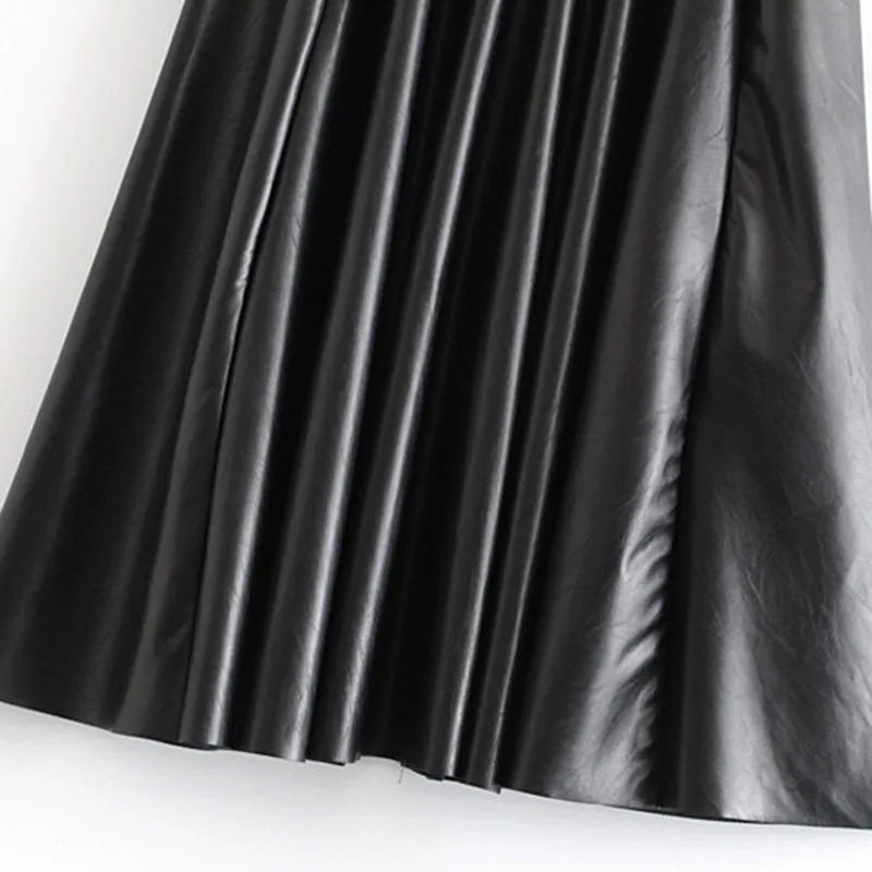 

A-Line PU Leather Skirt High Waist Belt Solid Fashion Casual Skirts Mid Calf Office Pleated Black Skirts Mujer Moda 2020 New
