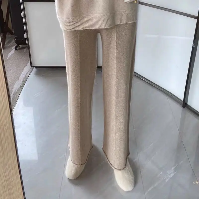 

2021 New Fashion Style Women Spring Autumn Elegant Sweater Wide Leg Loose Pants Female Sweet Solid Warm High Waist Trousers O191