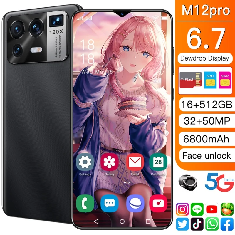 

M12 Pro Smartphone Global Version 16GB+512GB 6800mAh 6.7HD Inch Camera Cellphone 1440*3200 5G Android 10.0 Mobile Phones