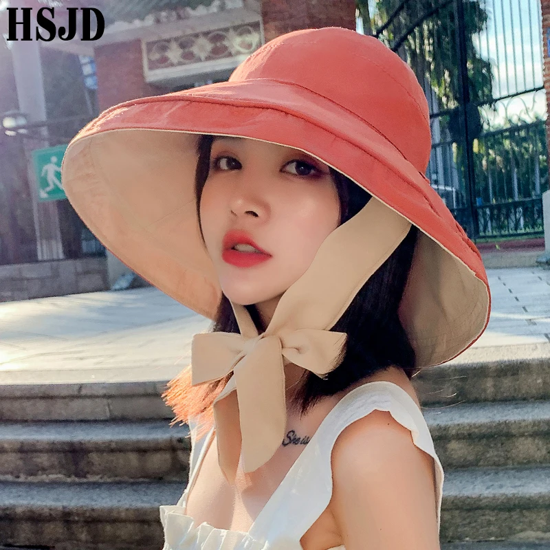 Шляпа Женская двухсторонняя с бантом однотонная Складная пляжная Панама