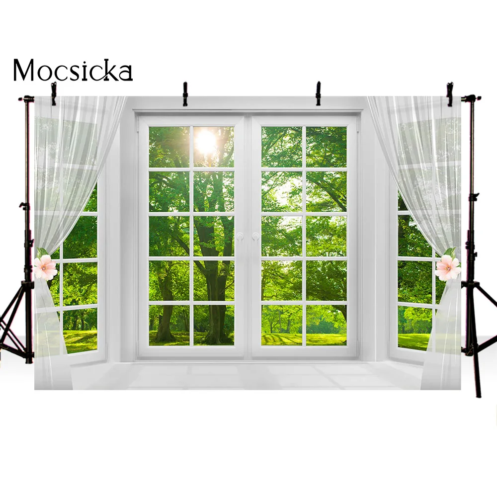 Spring Window Scenery Photography Backdrop White Windowsill Floral Green Forest Natural Photocall Background Wall Newborn Kids |