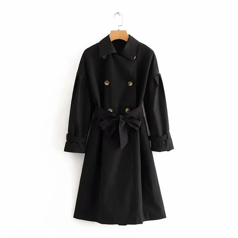 

2021 Early spring new Euro American double breasted Lapel lace up Lantern Sleeve trench coat