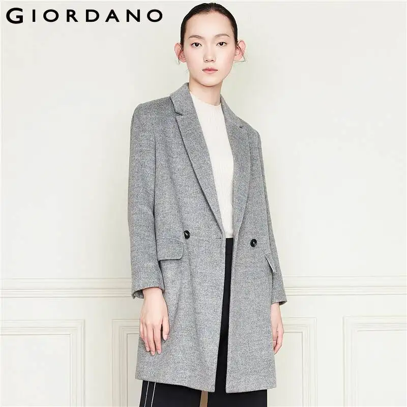 Женское двубортное пальто Giordano зимнее шерстяное средней длины с воротником