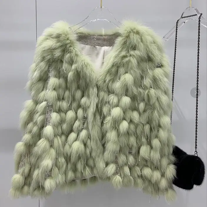 bean green Подиумная роскошная дизайнерская шуба из натурального Лисьего меха с бахромой женская повседневная короткая зимняя куртка из лисьего меха с v-образным вырезом - Цвет: bean green