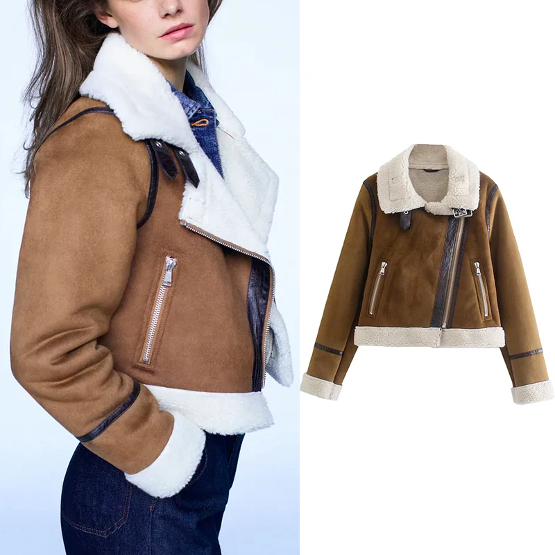 

2021 Winter Women Fashion Lamb Velvet Jacket Vintage Long Sleeve Lapel Female Short Motorcycle Outerwear Chic Top HH6065