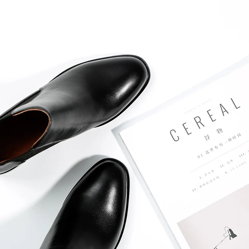 

Genuine Cow Leather Thick-Soled Mid-Heeled 2020 Autumn New Black Short Boots Woman Chelsea Boots Ankle Boots Women