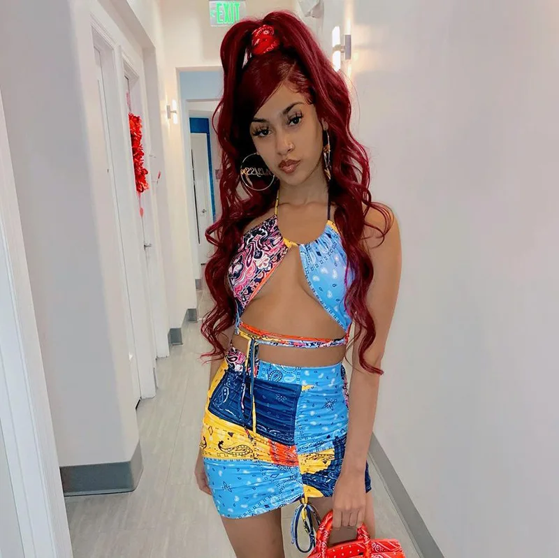 

Adogirl Sexy Print Women Two Piece Set Dress Halter Bra +Drawstring Mini Dress Colorful Night Clubwear Summer Clothes Outfits