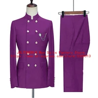 jeltonewin fashion slim fit purple smoking jacket stand collar party tuxedo male dress double breasted wedding groom men suits